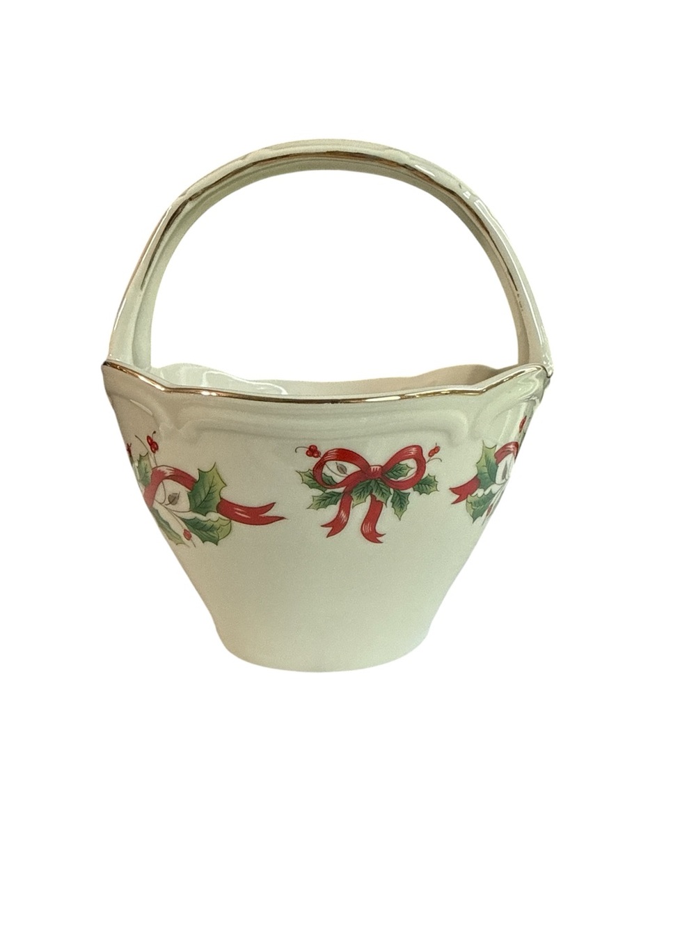 Royal Limited Holiday Ceramic Basket with Red Bow & Holly Accent